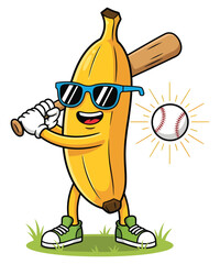 Cartoon Banana Ready to Bat a Baseball Full of Sunny Humor and Playful Athleticism with Zest