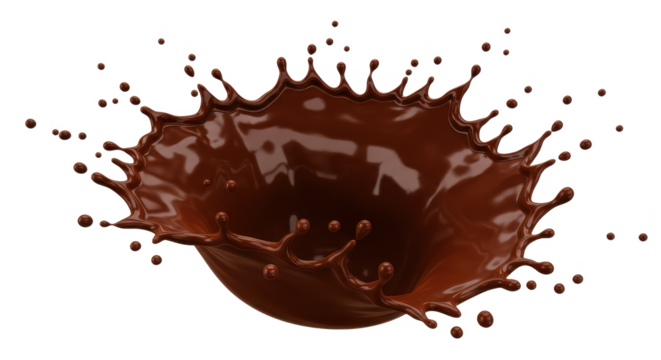 Dynamic chocolate splash creating an abstract crown shape isolated on transparent png