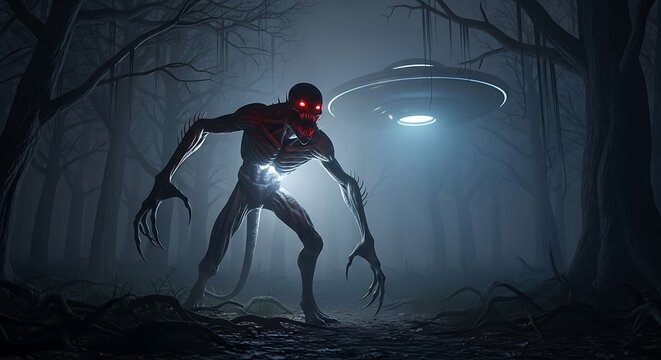 Night creature in eerie forest, UFO overhead
