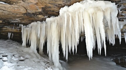 Icicles forming intricate structures in a frozen cave