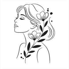 Black and white line art profile of a woman with flowers and leaves face head