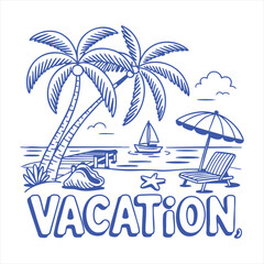 Blue line drawing of a tropical beach scene with palm trees and the word vacation ocean