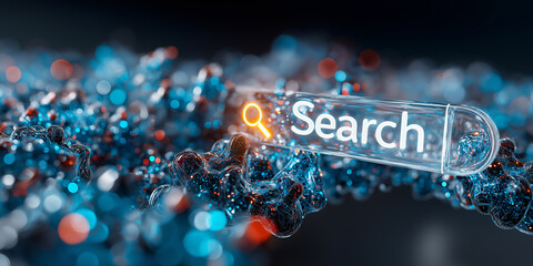 Glowing search bar floats over futuristic, abstract background of interconnected blue and orange nodes, evoking sense of digital exploration and innovation