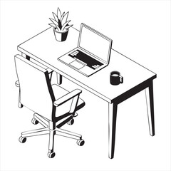 Isometric illustration of a desk with a laptop plant and coffee mug office computer