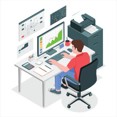 Man working at desk with computer charts and printer in isometric view keyboard mouse