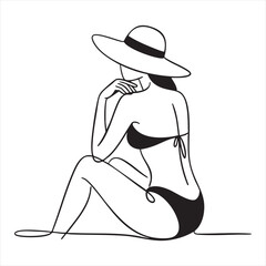 Minimalist black and white line art of a woman in a bikini and sun hat beach summer
