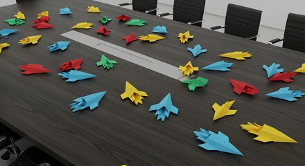Colorful paper airplanes scattered on a conference table, symbolizing business competition.
