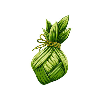 A vibrant green woven leaf parcel is intricately tied with a golden yellow string The bundle features fresh botanical