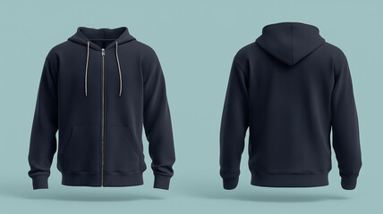 Front and back view of plain navy zip up hoodie mockup on light blue background, showcasing design and style of casual garment