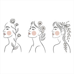 Three minimalist line art female profiles with flowers and leaves woman face