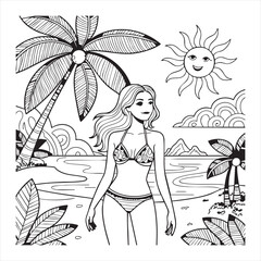 Woman in bikini on tropical beach with palm trees and sun illustration vector