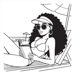 Woman in bikini and sunglasses reading a book on a beach chair vector