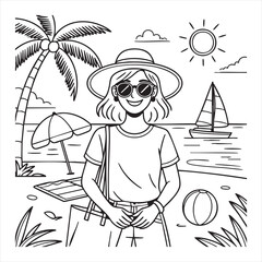 Woman in sun hat and sunglasses at the beach with palm tree and sailboat summer vacation