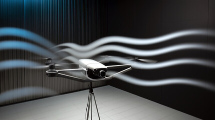 드론의 공기역학 연구를 위한 풍동 시험과정을 보여주는 초현실적 일러스트-A surreal illustration showing a wind tunnel testing process for drone aerodynamic research