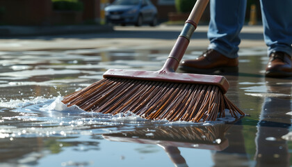 Broom sweeping soapy water on wet pavement with reflected broom and shoes, energetic outdoor cleaning action
