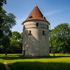 Historic Round Tower in Green Field, Estonia - A Medieval Landmark.