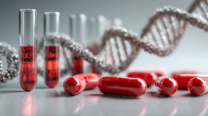 Medical test tubes, DNA helix, pills in red capsules. White background