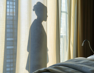 Woman behind sheer curtain in sunlit bedroom, calm and contemplative mood