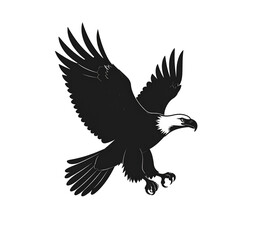 Bold eagle bird flying silhouette, minimalist black and white  illustration, isolated on transparent background.