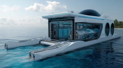 해양 정화장비를 탑재한 미래형 해양정화 보트, 초현실적 일러스트-A futuristic ocean purification boat equipped with ocean purification equipment, a surreal illustration