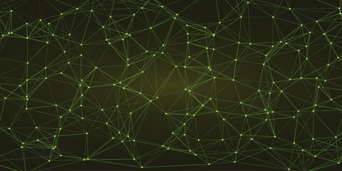 Digital network connections with vibrant green glowing points and lines forming a complex web on a dark olive green gradient background for technology and science themes