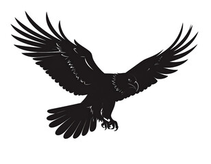 Eagle in flight silhouette, detailed wing feathers, black and white clip art, isolated on transparent background.