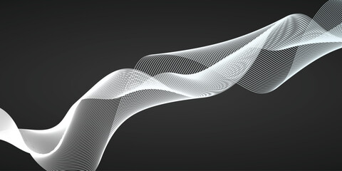 Clean white abstract wave of flowing lines and particles creating a smooth, undulating ribbon effect on a dark grey background, perfect for minimalist designs and technology concepts