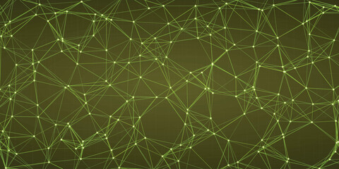 Vibrant green abstract network of interconnected nodes and lines creating a dynamic digital mesh on a dark olive gradient background symbolizing growth and connectivity