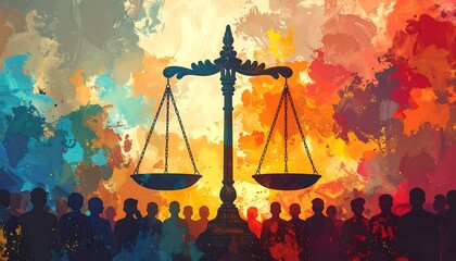 Depiction of justice with scales, a crowd, and colorful strokes