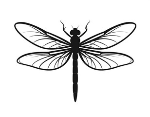 Dragonfly silhouette icon, black and white illustration, isolated on transparent background.