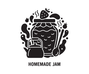 Bottling black glyph icon. Making homemade fruit jam, the process of creating delicious confiture. Canning silhouette symbol on a white background. A sweet strawberry marmalade jar vector illustration