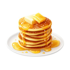 Stack of golden pancakes with melting butter and drizzling amber syrup on a white plate