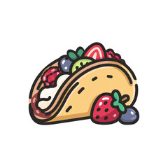 Cartoon style fruit taco illustration with cream strawberries blueberries and kiwi slices