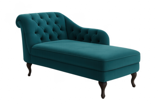 Teal velvet tufted chaise longue on transparent background