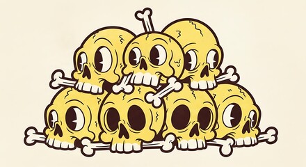 Cartoon Skulls and Bones Pile Illustration in Yellow and Black.