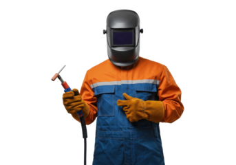 Professional Welder in Protective Gear Holding Welding Torch isolated on transparent png