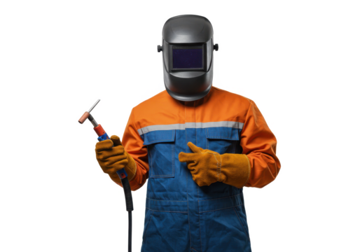 Professional Welder in Protective Gear Holding Welding Torch isolated on transparent png