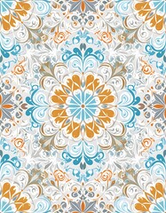 Intricate, symmetrical floral pattern featuring blue, orange, and gray elements