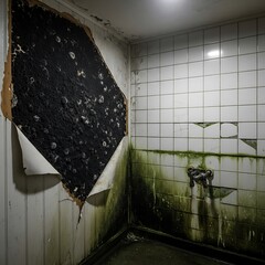 Damp and Decaying Bathroom with Mold and Peeling Wallpaper.