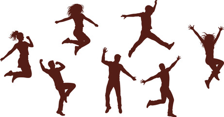 Jumping people silhouette set with energetic poses for celebration, freedom, happiness and dynamic movement vector illustration design content.