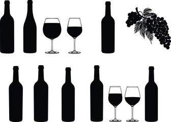 Wine bottles, wine glasses, grape bunch, black silhouette, wine tasting, vineyard elements, alcohol icons, elegant wine set, wine culture, winery decor