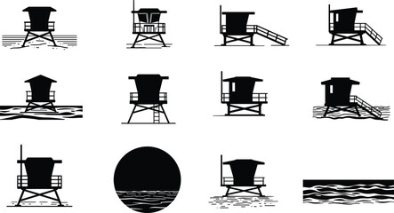 Lifeguard tower silhouettes, beach safety icons, coastal watch structures, rescue station symbols, oceanfront lookout signs, minimalist black vector illustrations