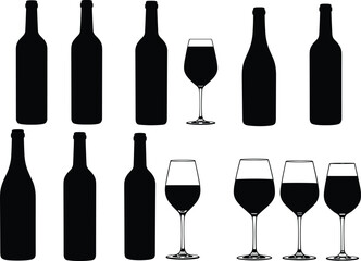 Wine bottles, wine glasses, silhouette collection, black icons, alcohol set, beverage design, elegant drinkware, winery elements, bar decor, tasting symbols