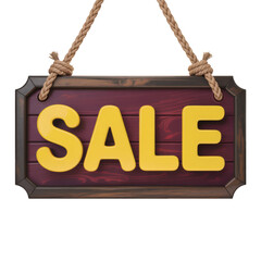 Wooden Sale Sign Hanging by Rope isolated on a transparent background yellow
