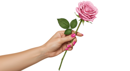 A womans hand delicately holds a single pink rose presenting isolated on transparent png