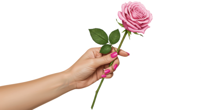 A womans hand delicately holds a single pink rose presenting isolated on transparent png