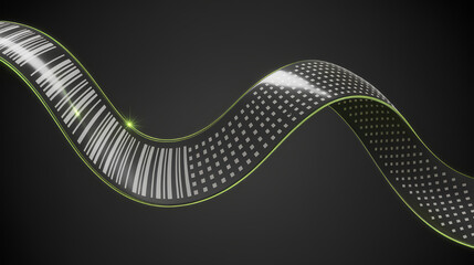 Curved barcode digital dots neon green wavy ribbon glossy surface black background data stream futuristic design glowing edge abstract line. Curved barcode flows with digital dots glossy wavy