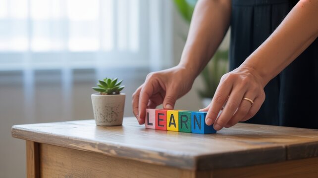 leadership education sector concept. Learning blocks are arranged on a wooden table near a small plant.