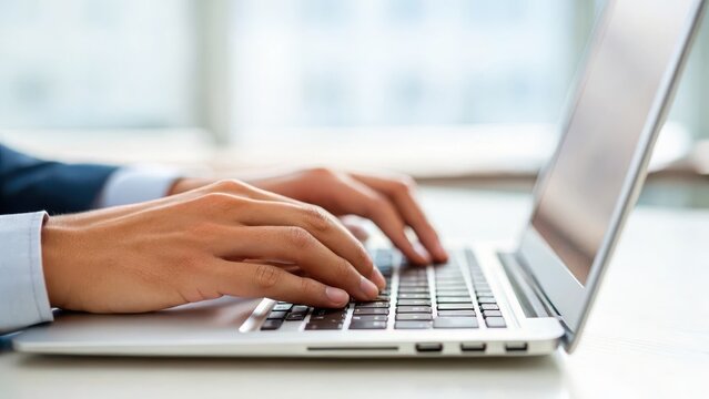 leadership education sector concept. Close-up of hands typing on a laptop keyboard in a bright setting. - Powered by Adobe