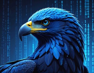 Stunning portrait of a blue eagle against a matrix-style digital backdrop